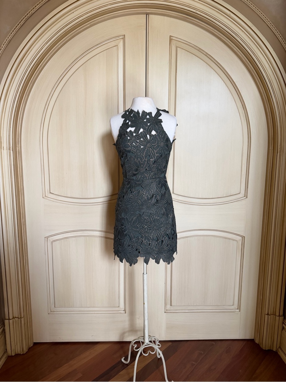 Free People Dark Green Floral Lace Halter Mini Dress